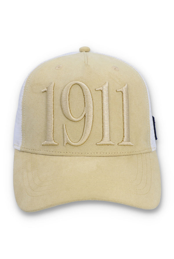 Displays the Classic Beige 'FILA' branded Hazza Large 1911 Embroidered Mesh-Back Cap