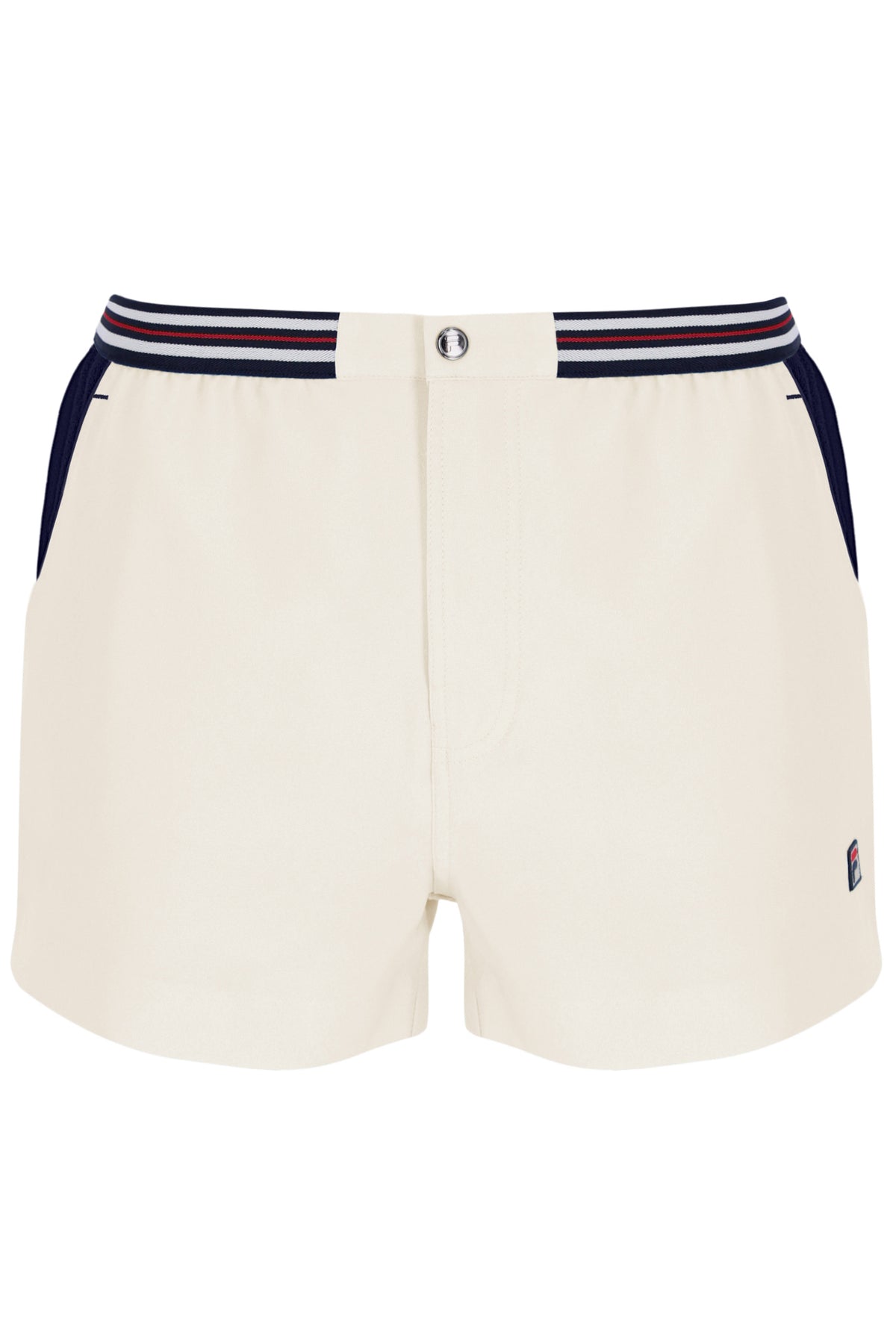 White shorts with navy and red striped waistband on a white background