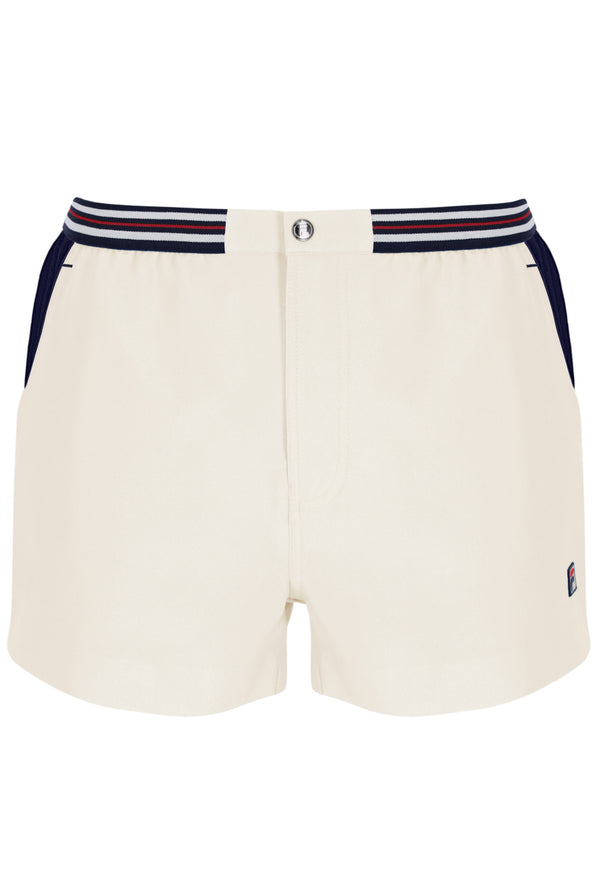 White shorts with navy and red striped waistband on a white background