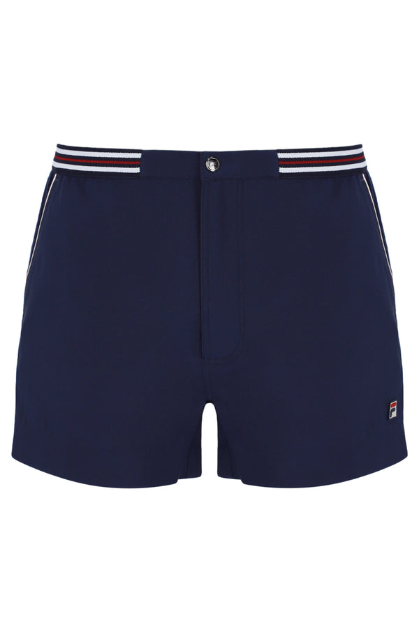 Navy blue shorts with a striped waistband on a white background