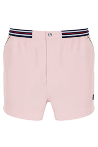Pink shorts with a striped waistband on a white background