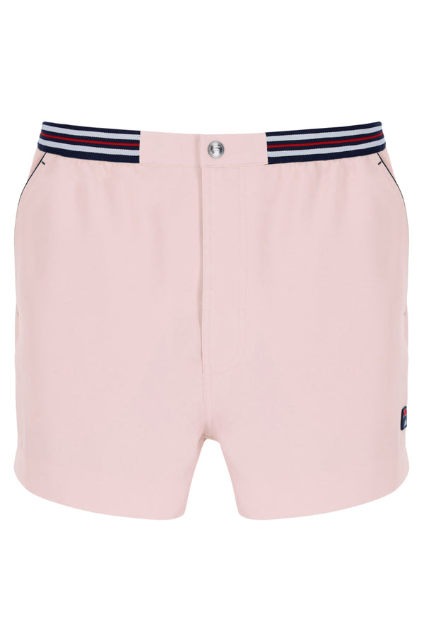 Pink shorts with a striped waistband on a white background