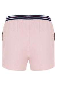 Pink shorts with a striped waistband on a white background