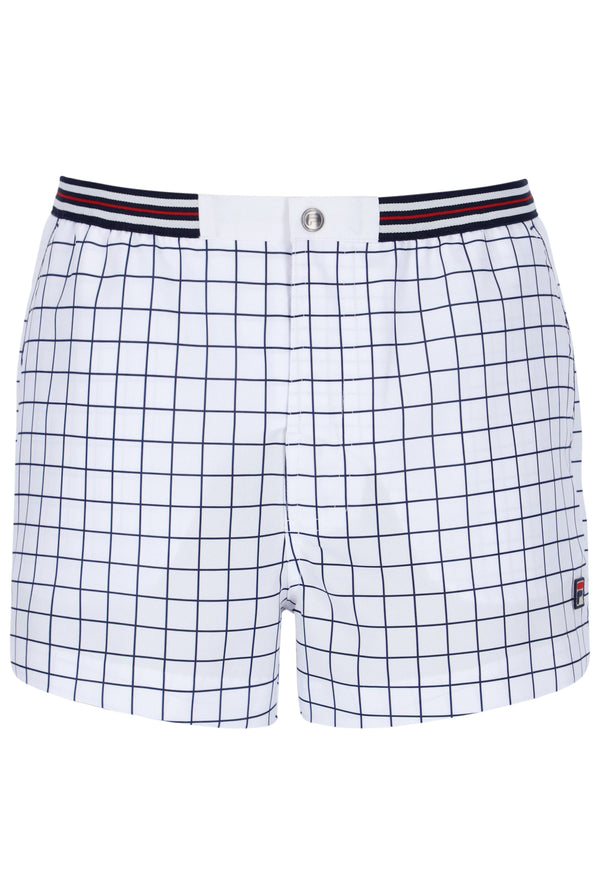 Grid-patterned shorts with a striped waistband on a white background
