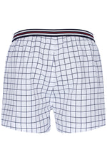 Grid-patterned shorts with a striped waistband on a white background