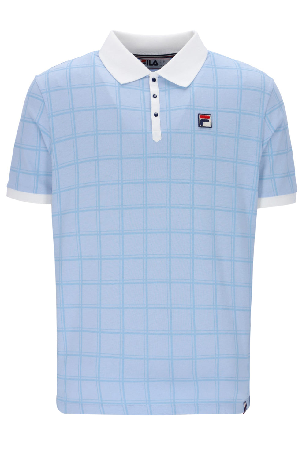 Light blue checkered polo shirt with white collar and brand logo on a white background