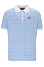 Light blue checkered polo shirt with white collar and brand logo on a white background
