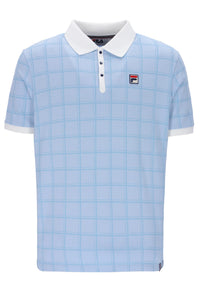 Light blue checkered polo shirt with white collar and brand logo on a white background