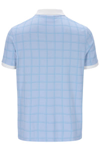 Light blue checkered polo shirt on a white background