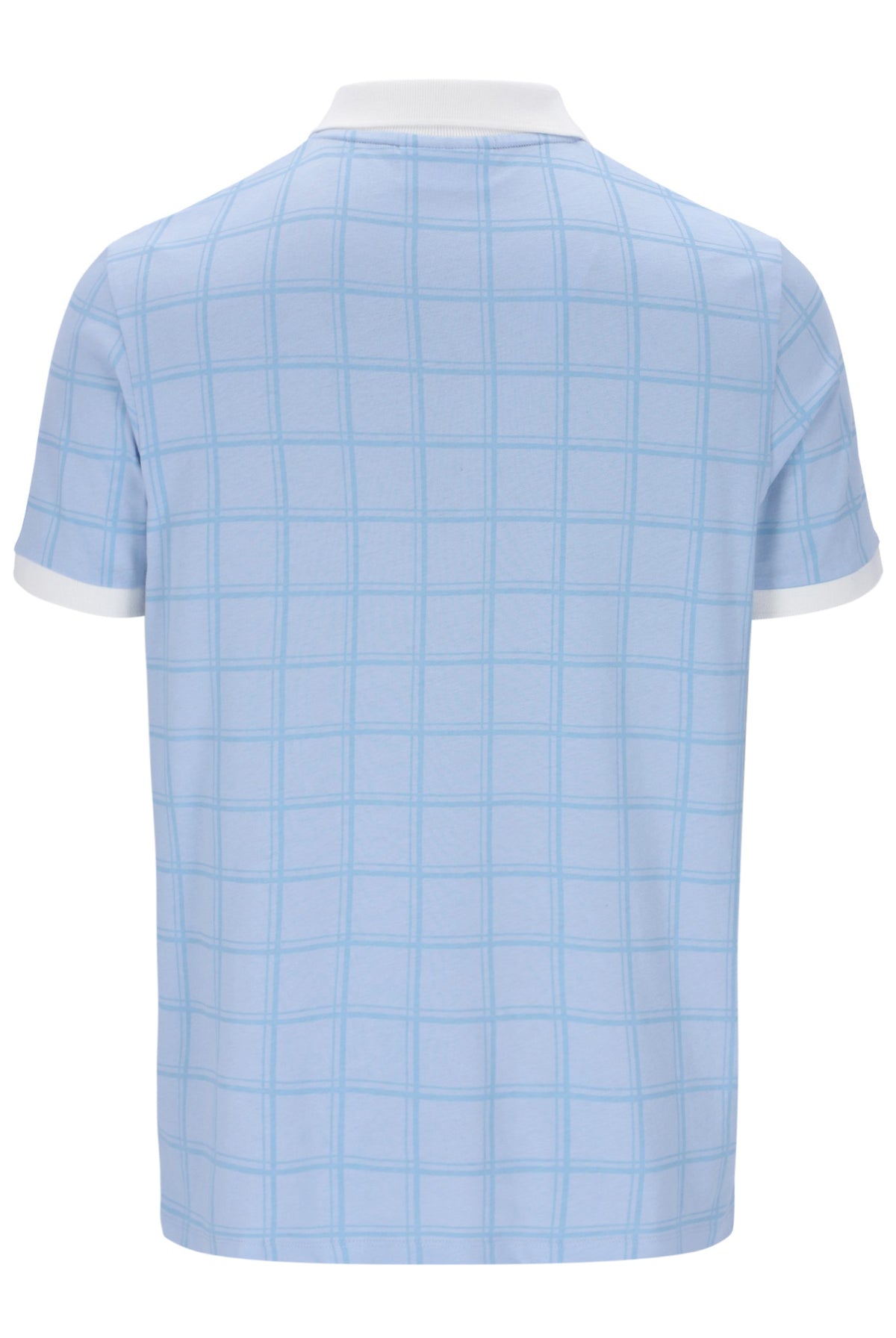 Light blue checkered polo shirt on a white background