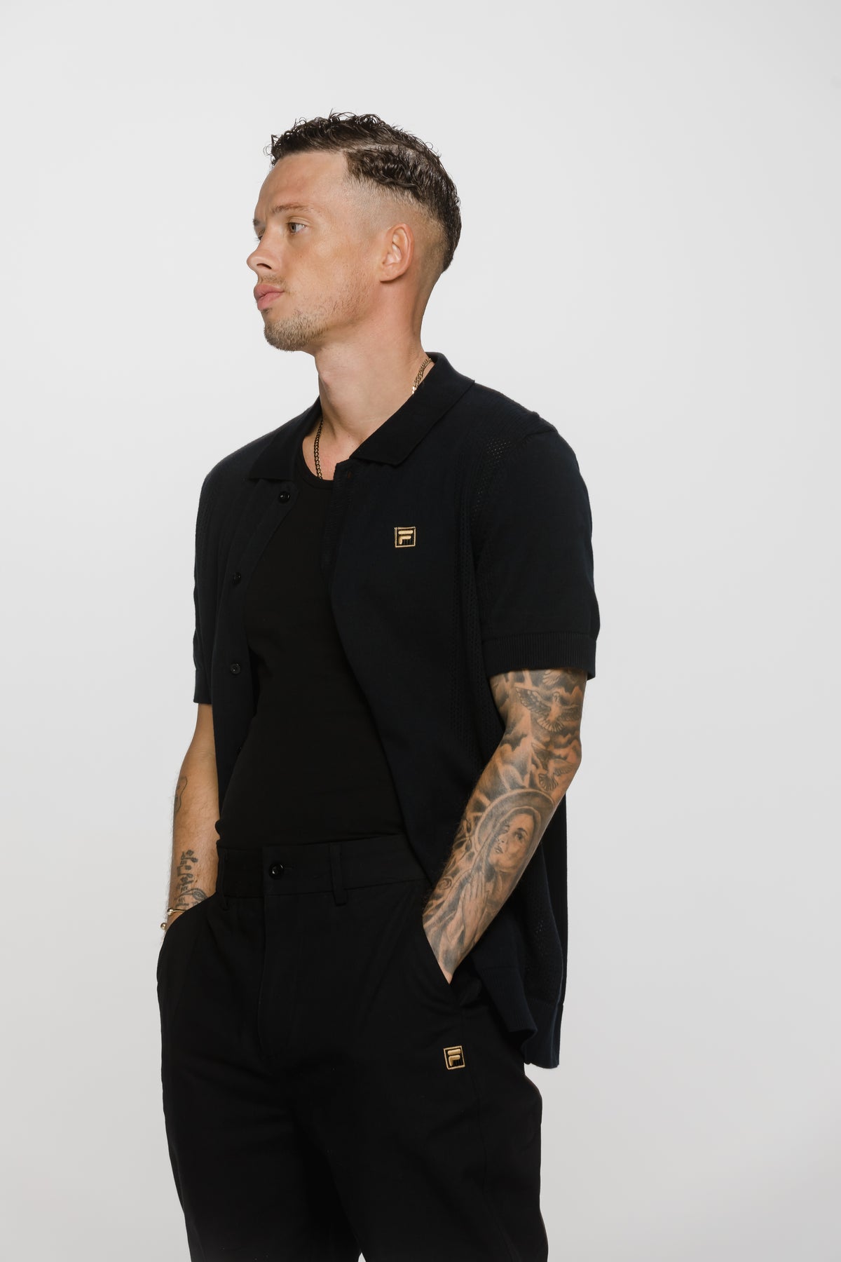 Black Walter Open Knit Pointelle Panel Polo