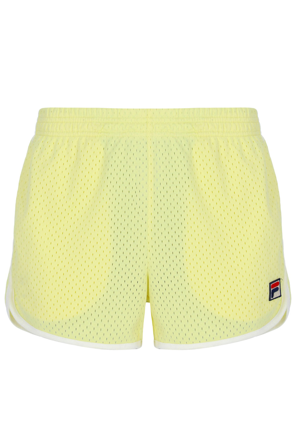 Yellow mesh shorts with a brand logo on a white background