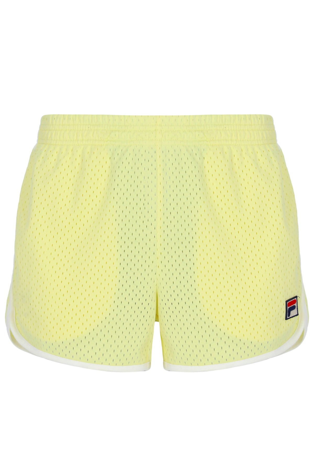 Yellow mesh shorts with a brand logo on a white background
