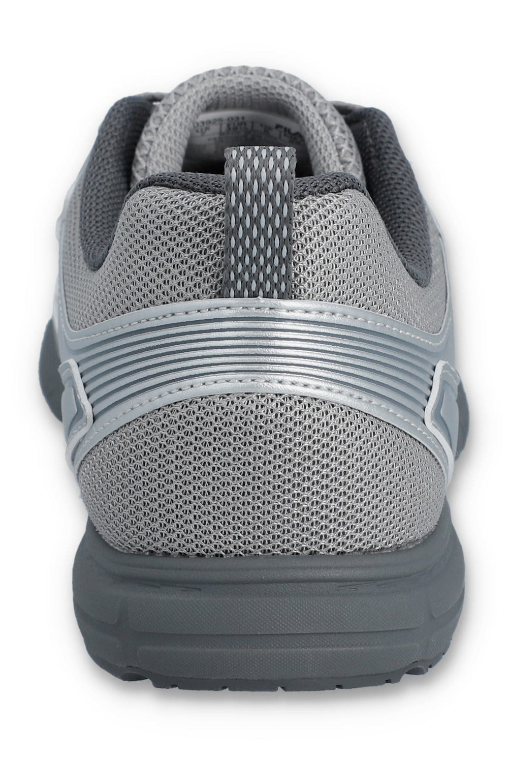Gray athletic shoe with mesh design on a white background