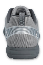 Gray athletic shoe with mesh design on a white background