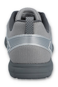Gray athletic shoe with mesh design on a white background