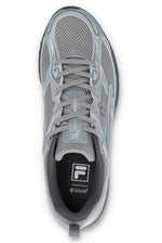 Gray athletic shoe with a visible brand logo on a white background