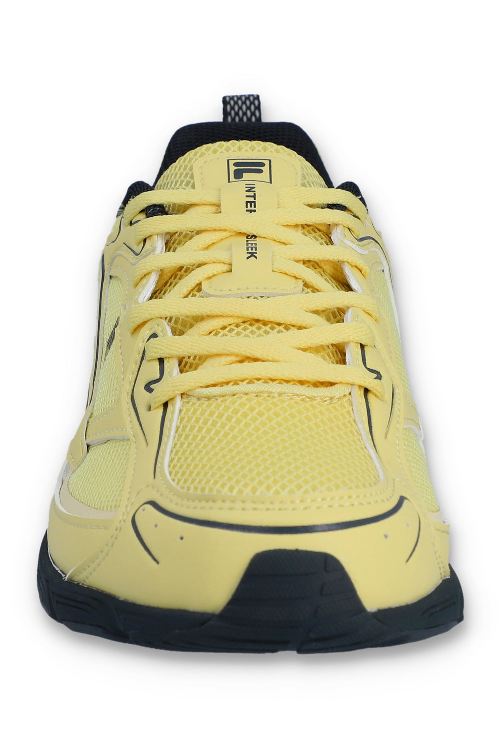 Yellow athletic shoe with black accents on a white background