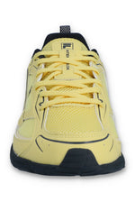 Yellow athletic shoe with black accents on a white background