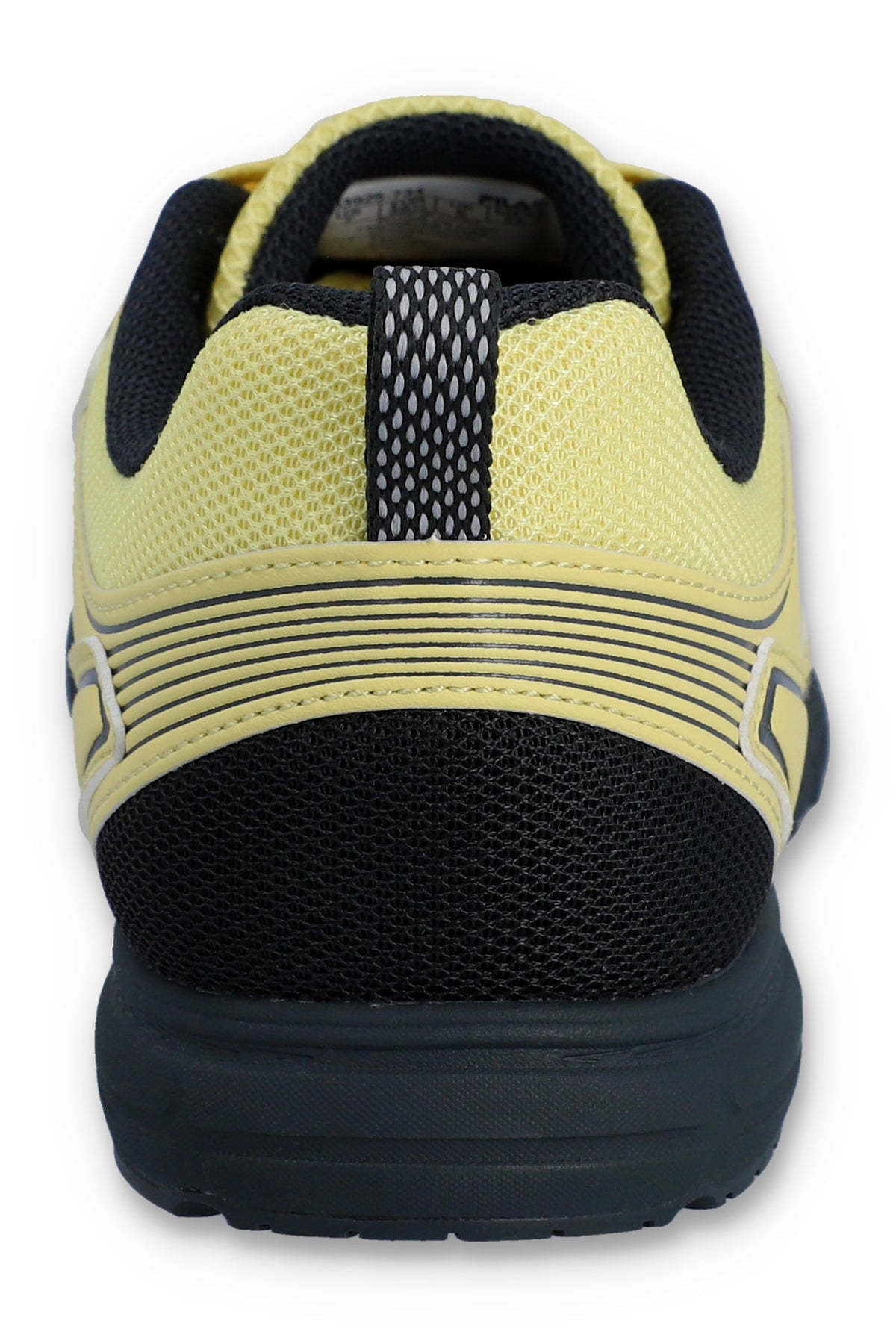 Yellow and black athletic shoe on a white background