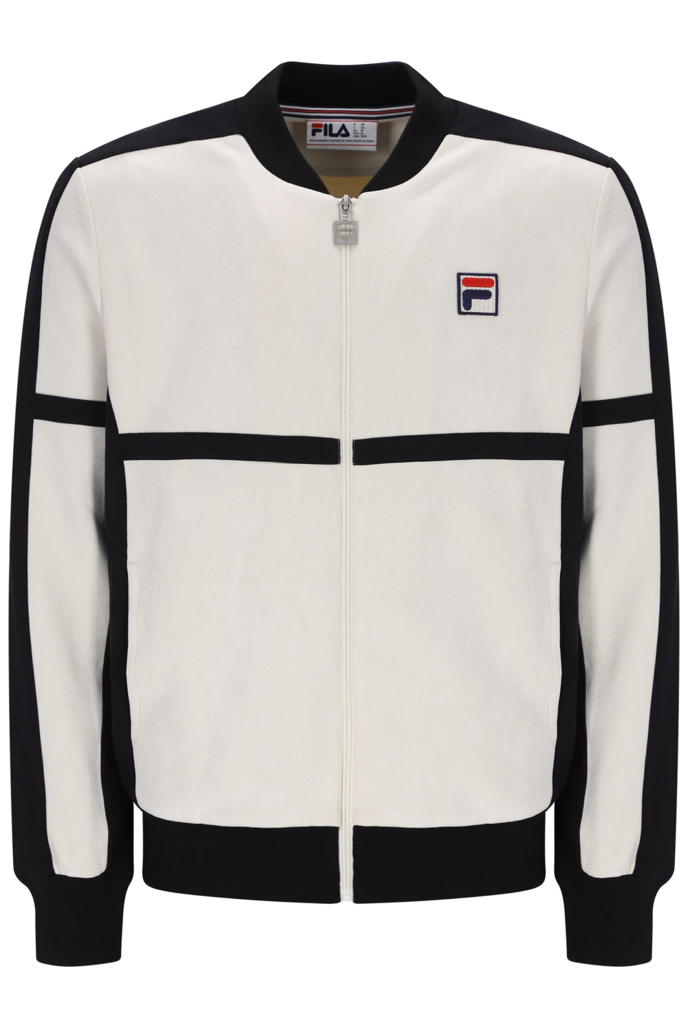 A FILA track jacket in off-white and black, featuring a full-zip front, ribbed collar, cuffs, and hem, with the FILA logo patch on the left chest.
