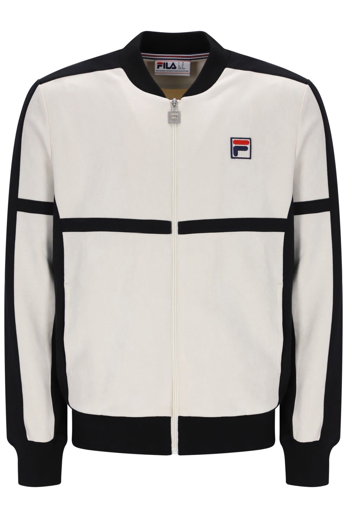 A FILA track jacket in off-white and black, featuring a full-zip front, ribbed collar, cuffs, and hem, with the FILA logo patch on the left chest.