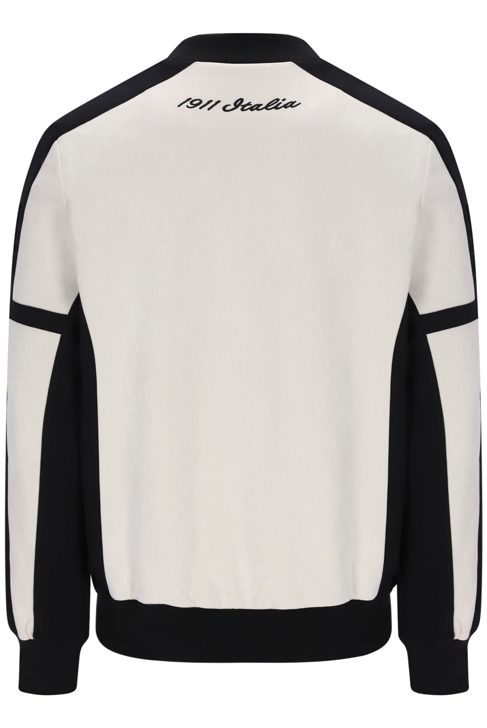 A colorblock crewneck sweatshirt shown from the back, featuring an off-white body with black shoulder, sleeve, and hem panels, and '1911 Italia' embroidered in black script at the top collar.