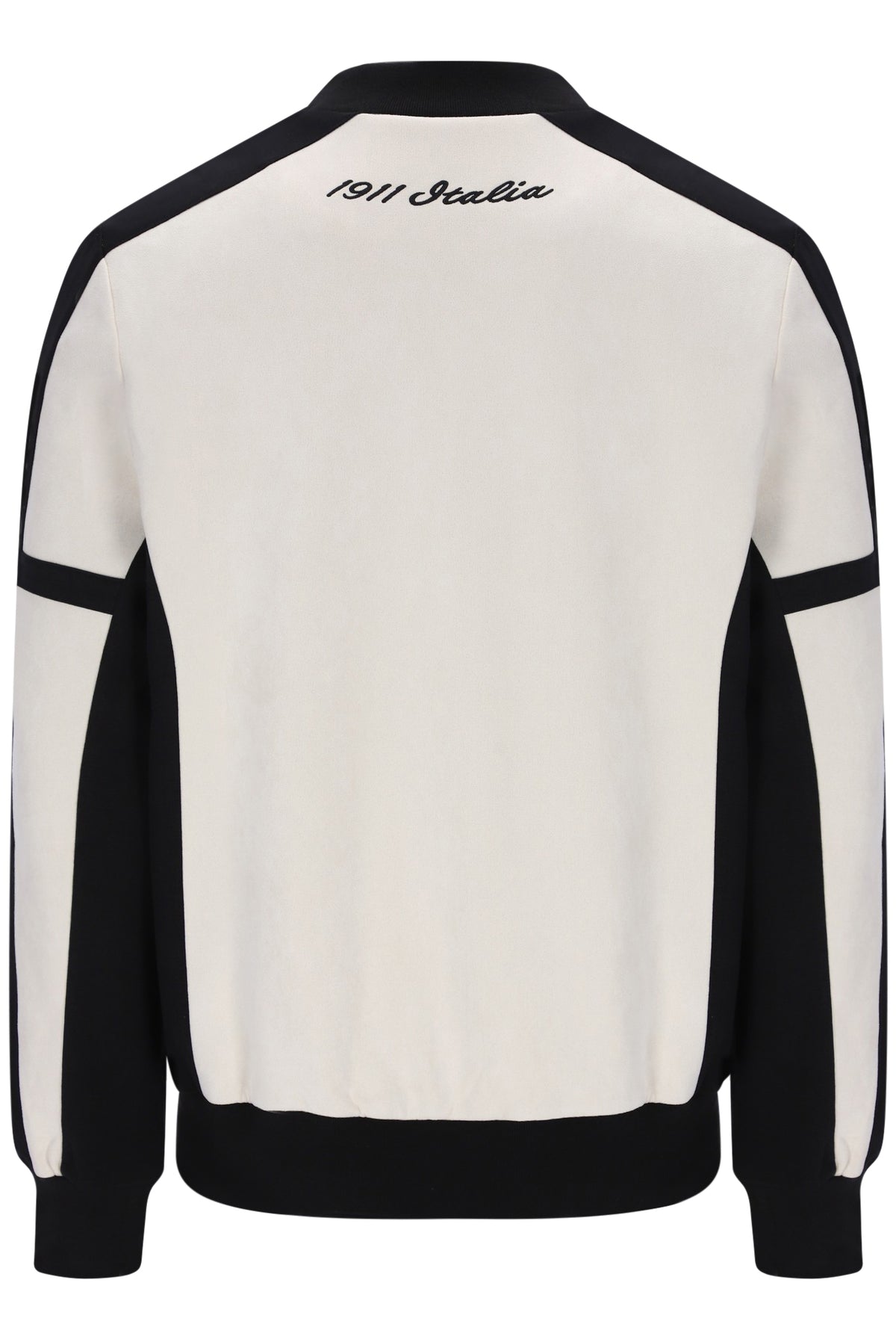 A colorblock crewneck sweatshirt shown from the back, featuring an off-white body with black shoulder, sleeve, and hem panels, and '1911 Italia' embroidered in black script at the top collar.