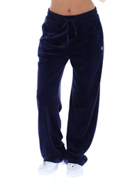 Navy blue velour tracksuit pants on a white background