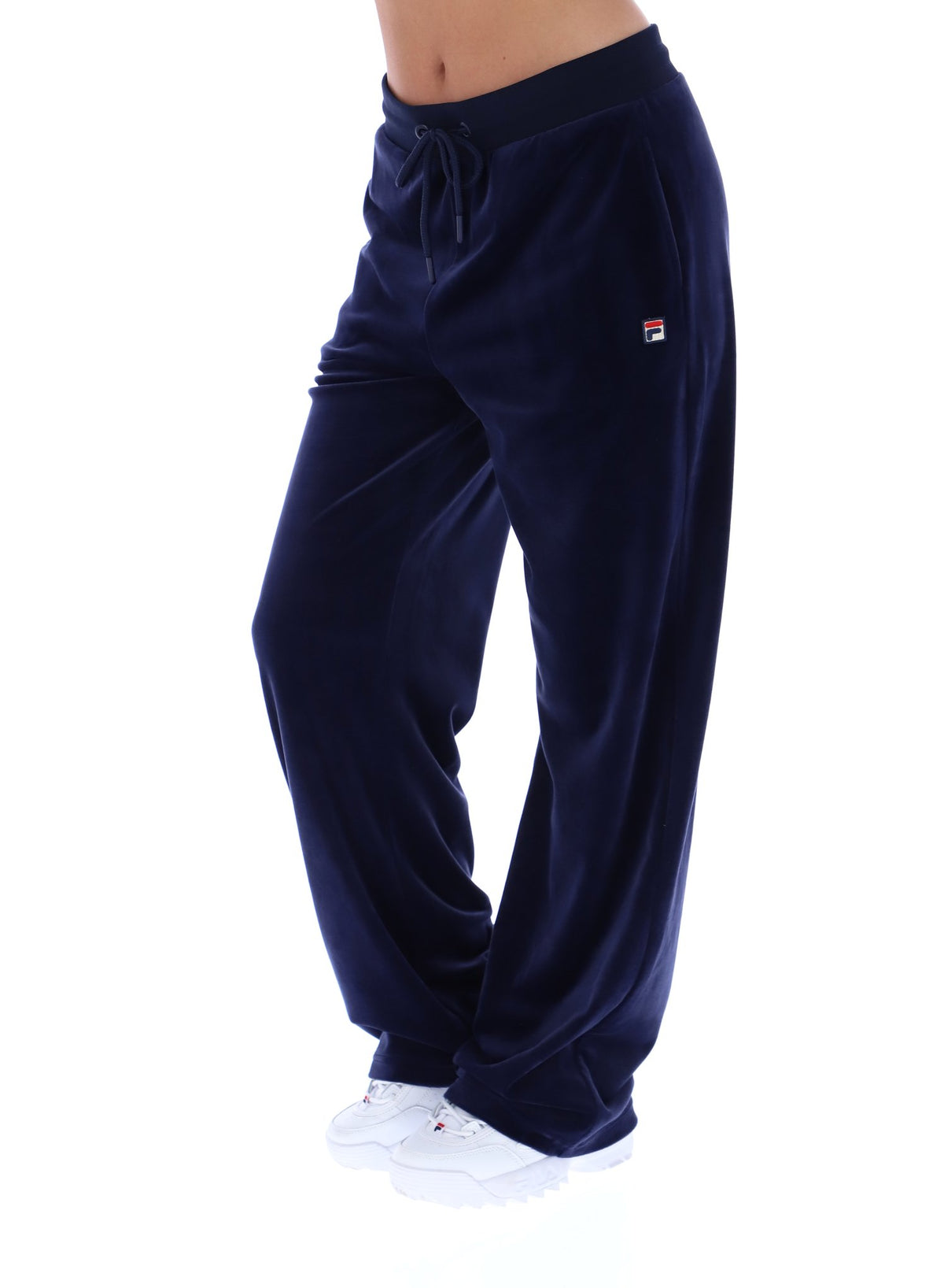Navy blue sweatpants with a brand logo on a white background