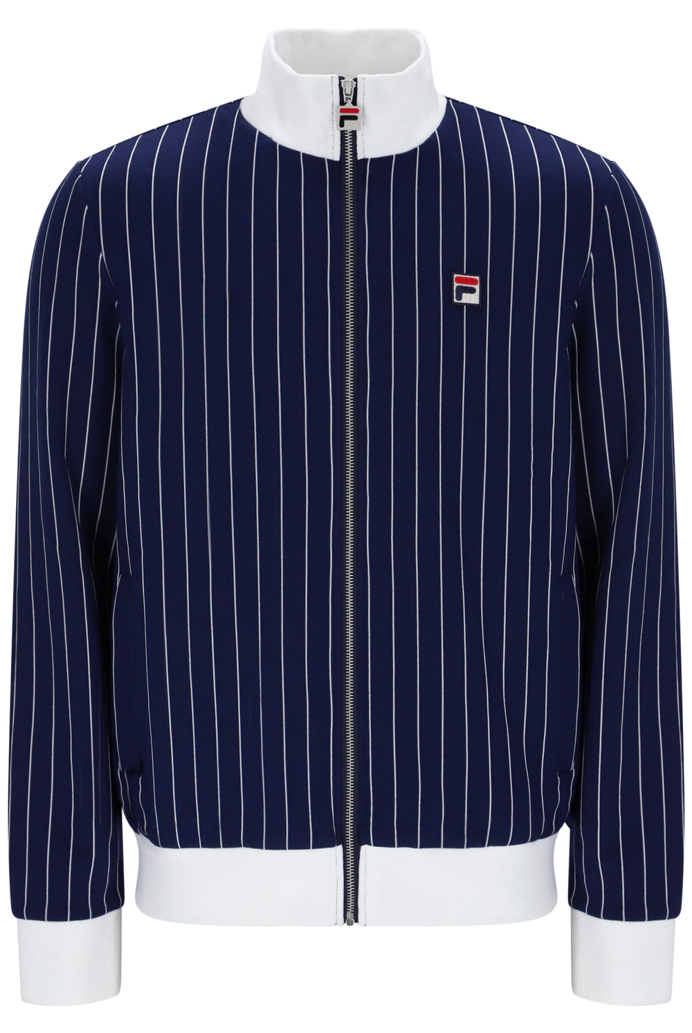 A navy blue pinstripe zip-up jacket with a white stand collar, white ribbed hem and cuffs, and a small red, white, and blue Fila logo on the chest.