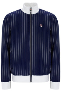 A navy blue pinstripe zip-up jacket with a white stand collar, white ribbed hem and cuffs, and a small red, white, and blue Fila logo on the chest.