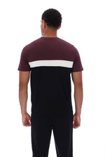 A man viewed from the back wearing a short-sleeve colorblock t-shirt with a maroon upper section, a white horizontal stripe across the middle, and a black lower section, paired with black pants against a white background.