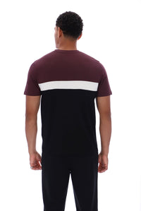 A man viewed from the back wearing a short-sleeve colorblock t-shirt with a maroon upper section, a white horizontal stripe across the middle, and a black lower section, paired with black pants against a white background.