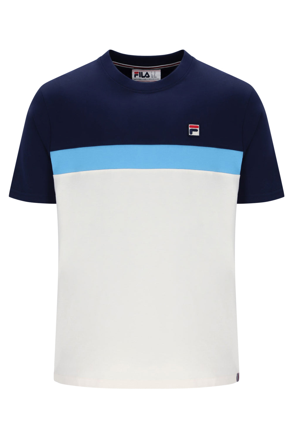 Displays the Navy & Azure Blue 'Fila' branded Gardenia Jakub Colourblock T-Shirt