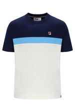 Displays the Navy & Azure Blue 'Fila' branded Gardenia Jakub Colourblock T-Shirt