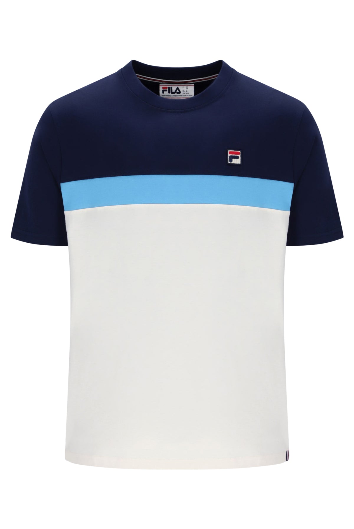 Displays the Navy & Azure Blue 'Fila' branded Gardenia Jakub Colourblock T-Shirt