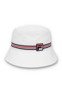 A white bucket hat with a red, blue, and white striped detail around the base and the FILA logo on the front.