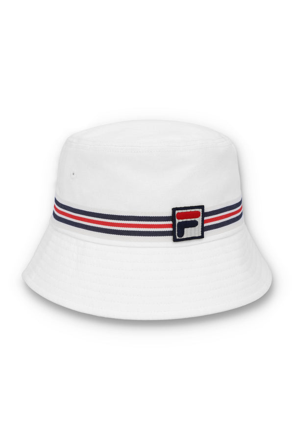 A white bucket hat with a red, blue, and white striped detail around the base and the FILA logo on the front.