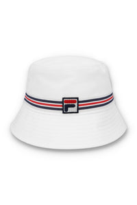 A white bucket hat with a red, blue, and white striped detail around the base and the FILA logo on the front.