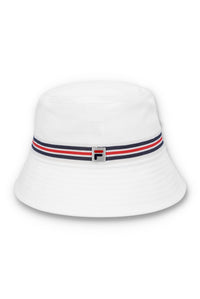 A white bucket hat with a red, blue, and white striped detail around the base and the FILA logo on the front.