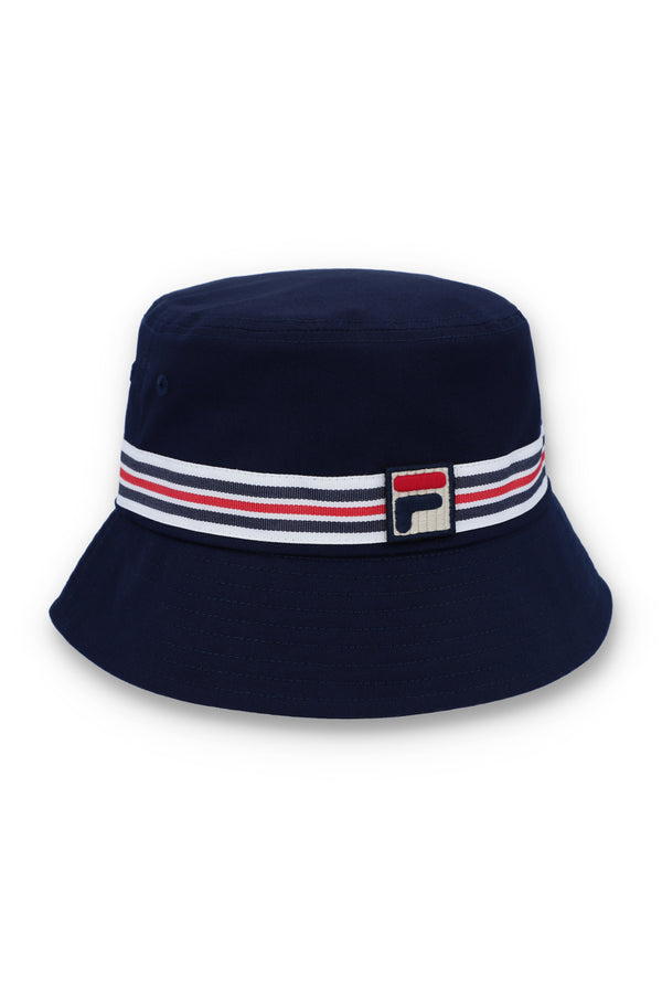 Displays the Blue 'FILA' branded Heritage Stripe Bucket Hat