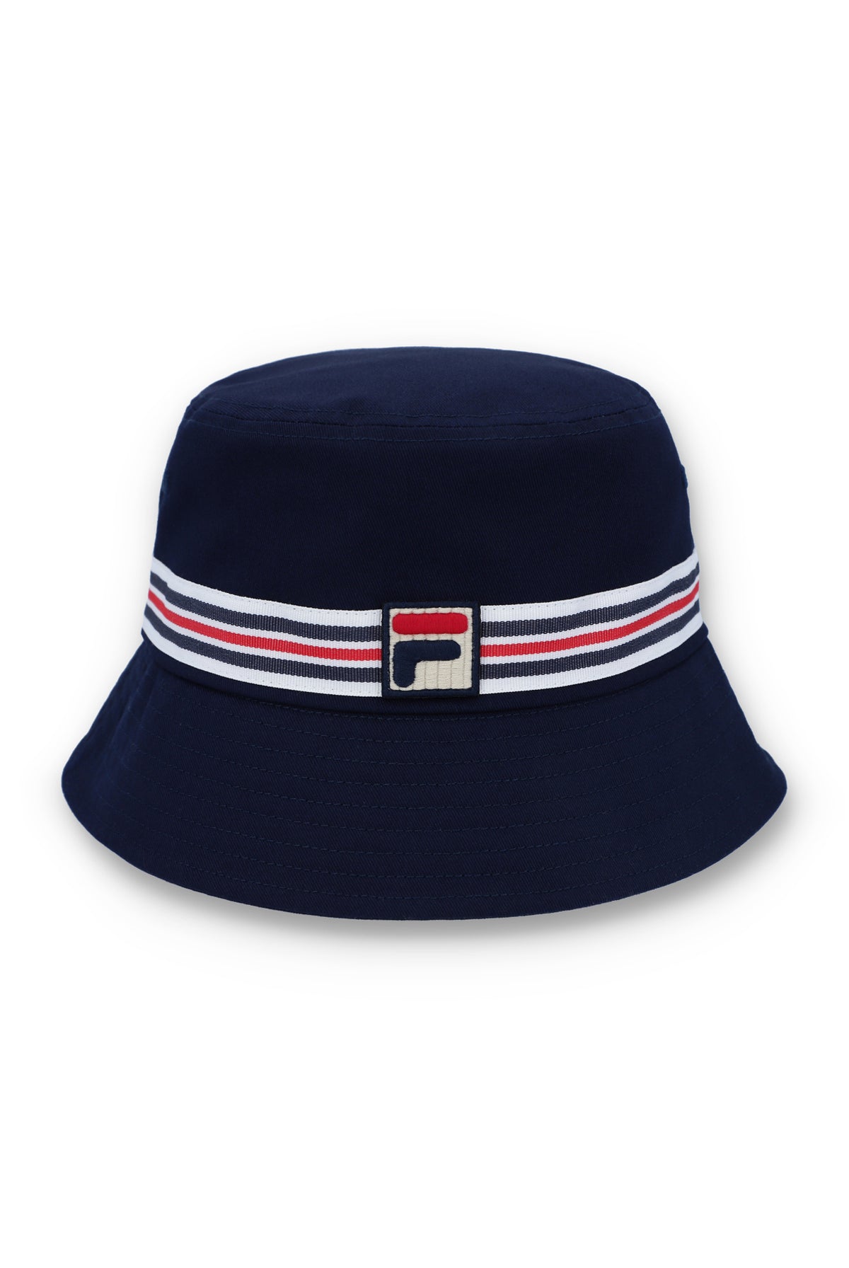 Displays the Blue 'FILA' branded Heritage Stripe Bucket Hat