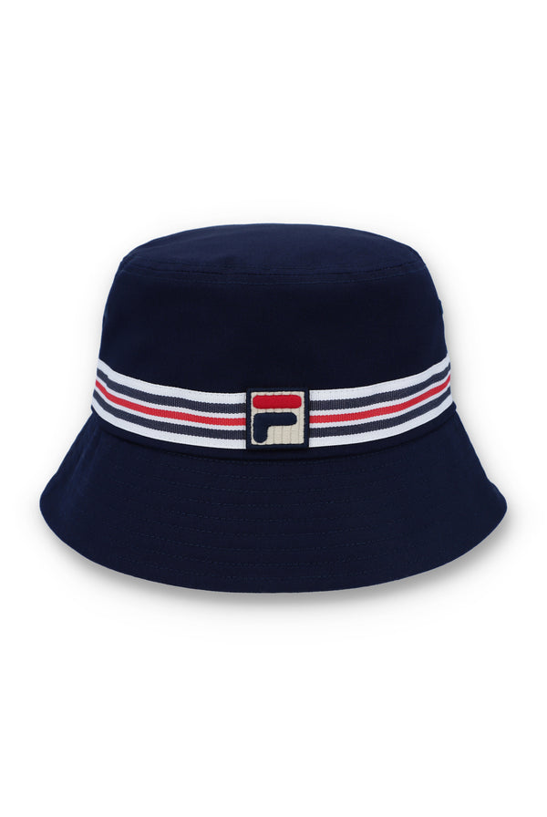 Displays the Blue 'FILA' branded Heritage Stripe Bucket Hat