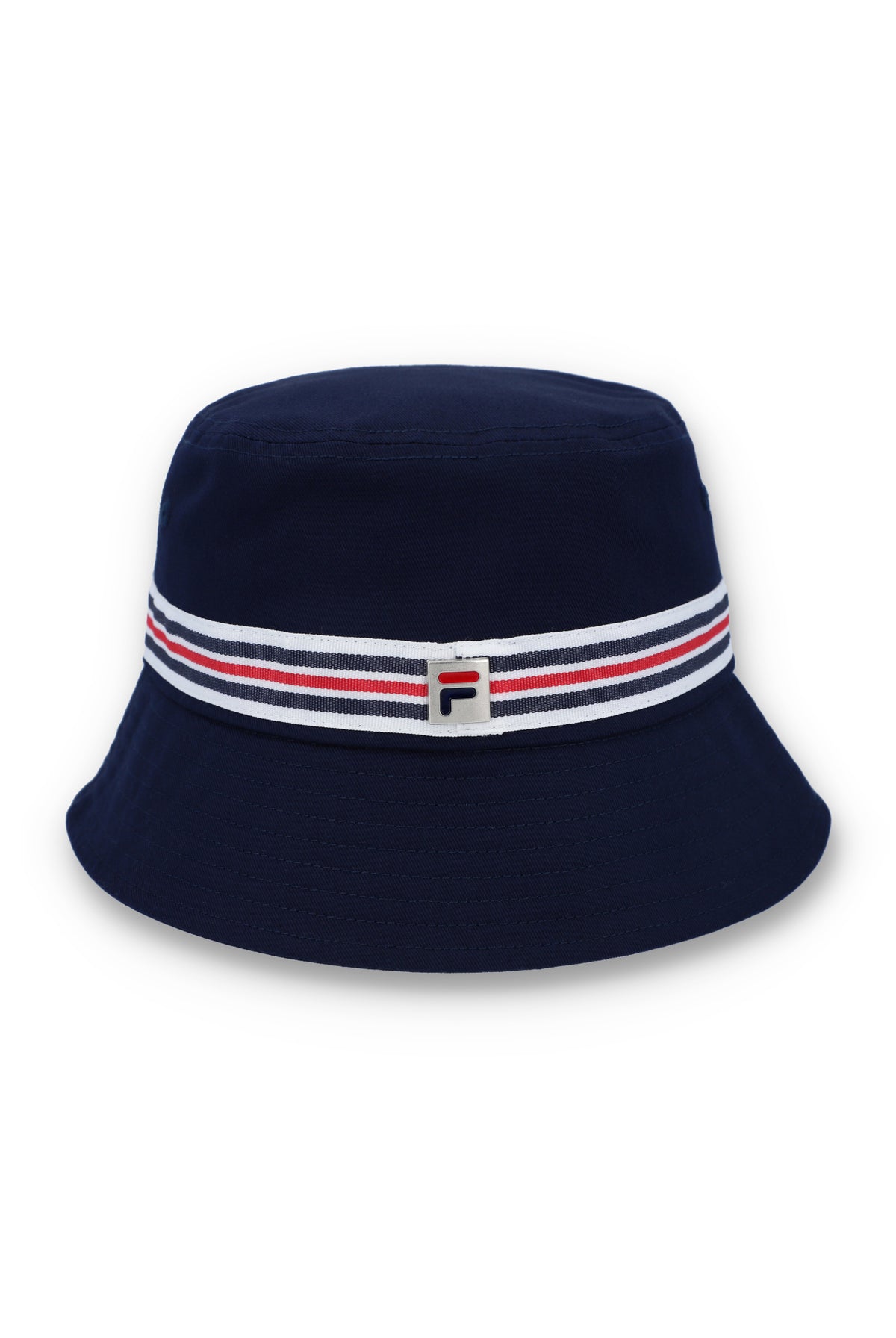 Displays the Blue 'FILA' branded Heritage Stripe Bucket Hat