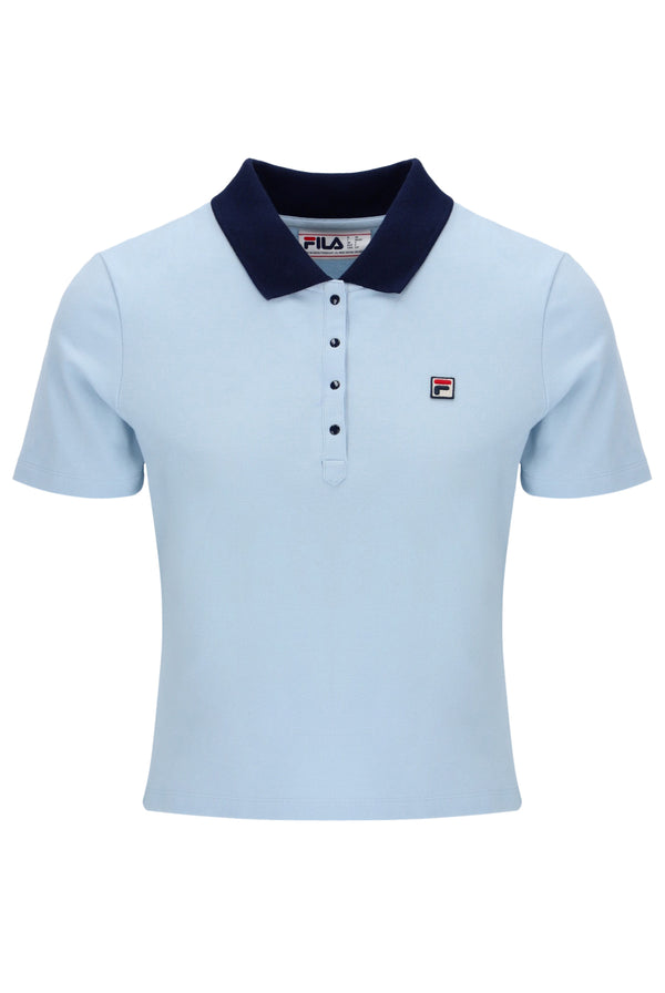 Light blue polo shirt with dark collar and FILA logo on a white background