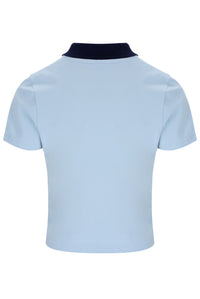 Light blue polo shirt with dark collar on a white background