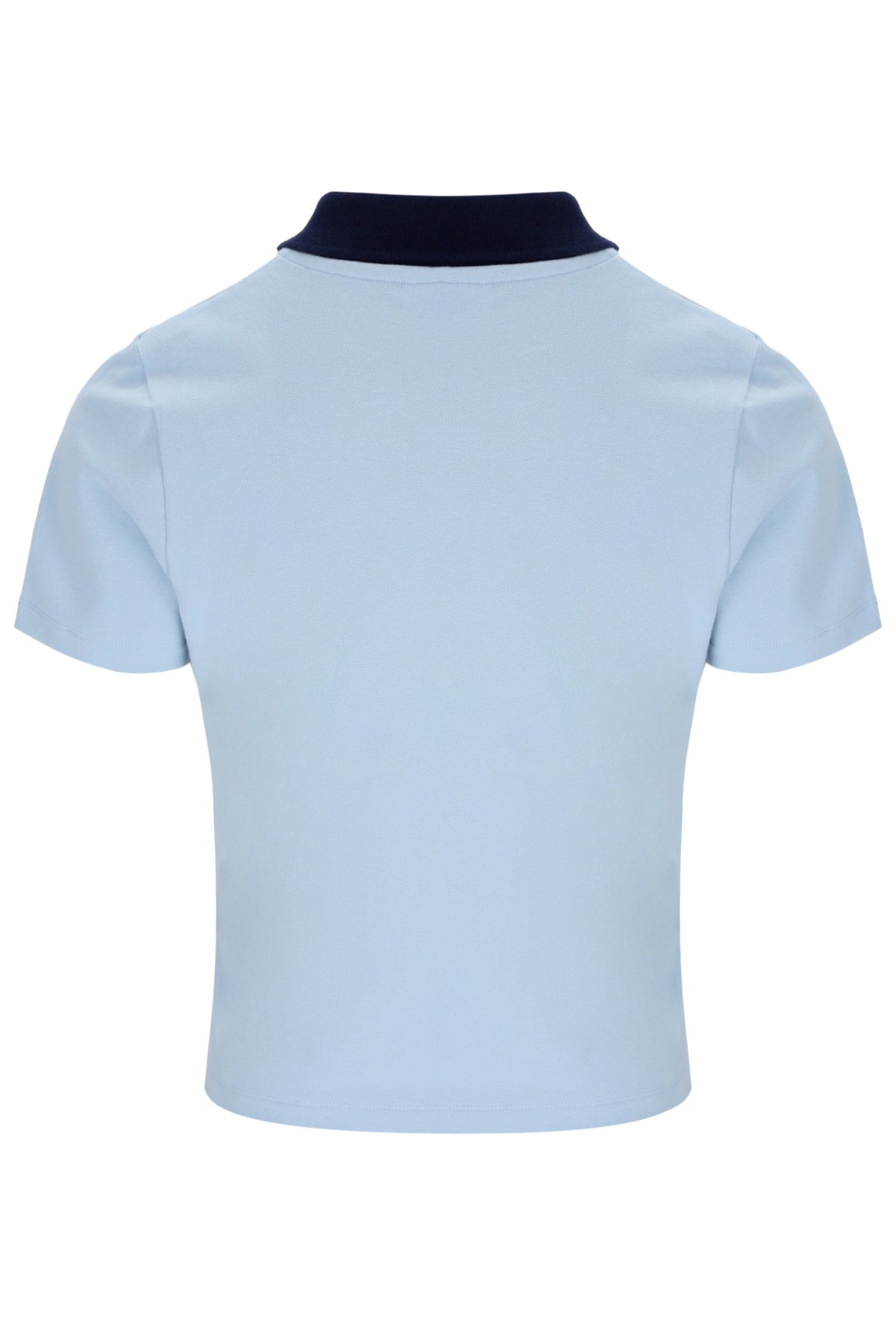 Light blue polo shirt with dark collar on a white background