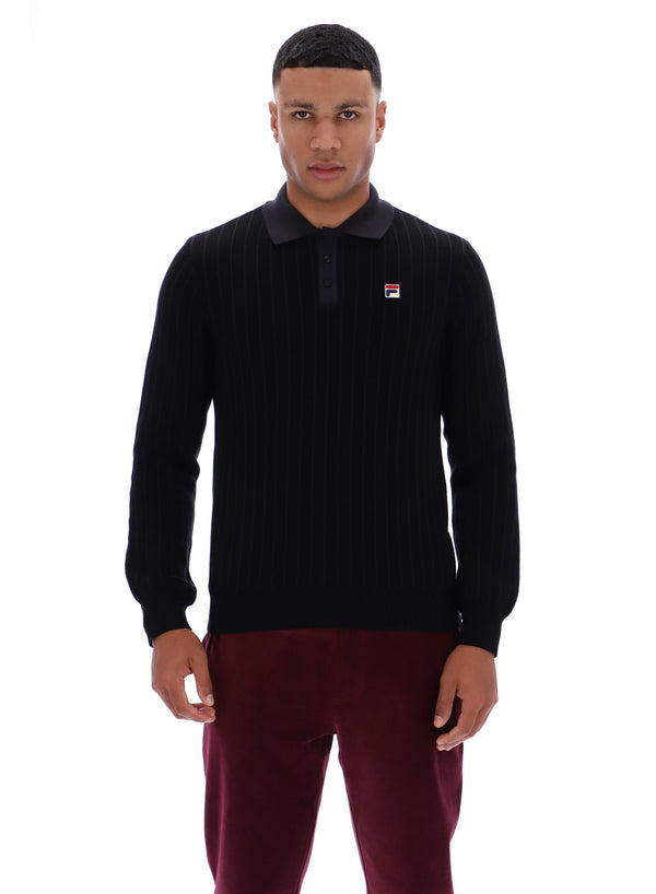 Displays a model wearing the Black 'FILA' branded Kobe Striped Knit Polo