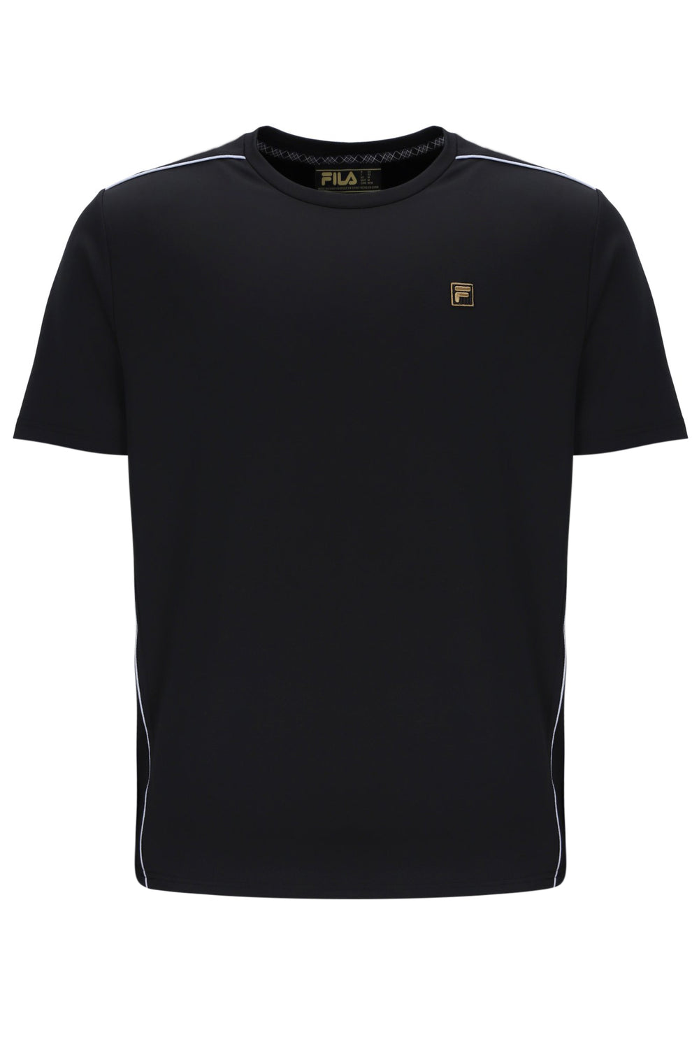 Black t-shirt with a small logo on a white background